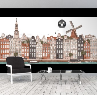 Picture of Amsterdam Netherlands - seamless banner of Amsterdams skyline hand drawn and digitally colored ink illustration